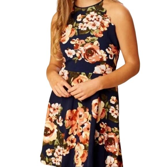 NWT Altar’d State Navy Blue Floral Print Scallop Trim Fit & Flare Dress Small - Picture 2 of 9